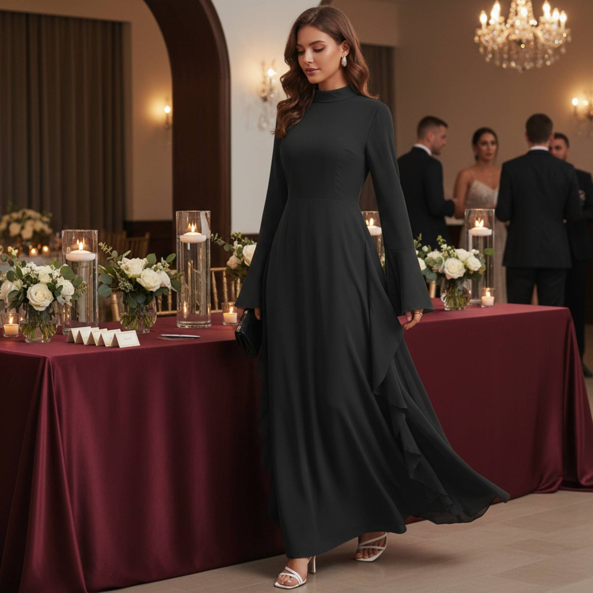 Solid Stand Collar Flare Sleeve Ruffle Full Dress - ZumBuys