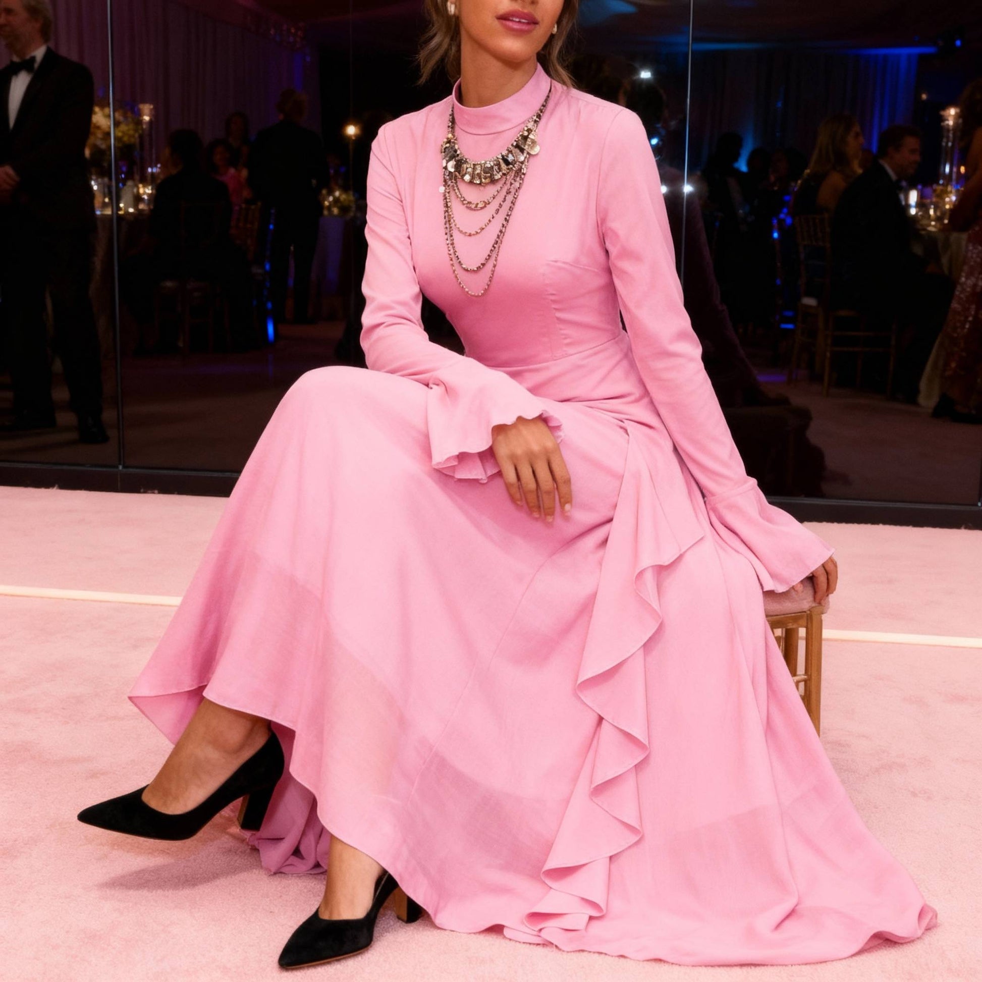 Solid Stand Collar Flare Sleeve Ruffle Full Dress - ZumBuys