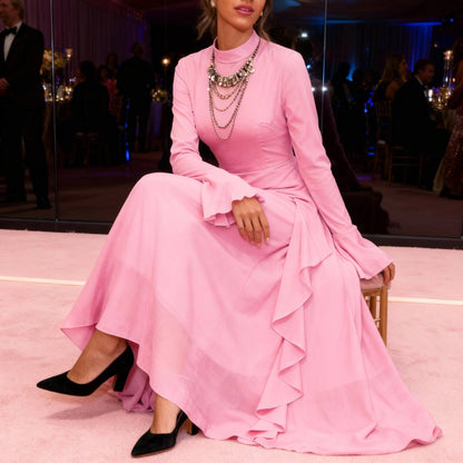 Solid Stand Collar Flare Sleeve Ruffle Full Dress - ZumBuys