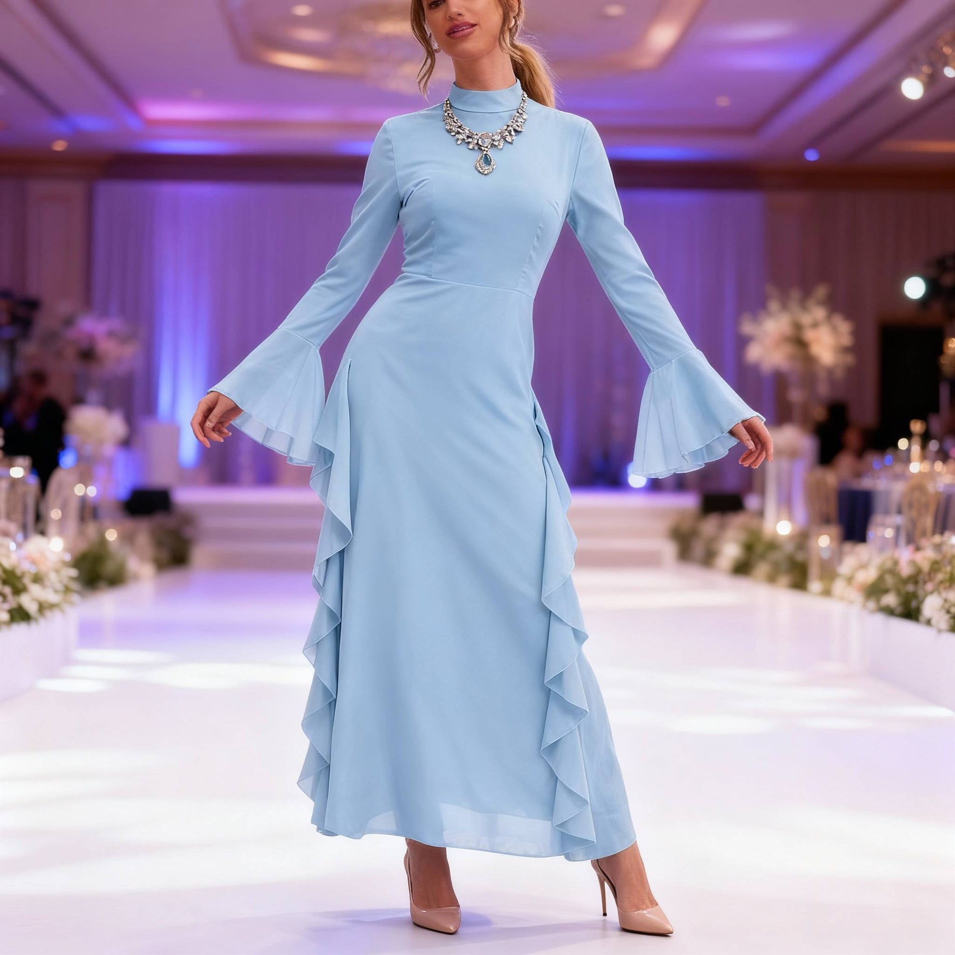 Solid Stand Collar Flare Sleeve Ruffle Full Dress - ZumBuys