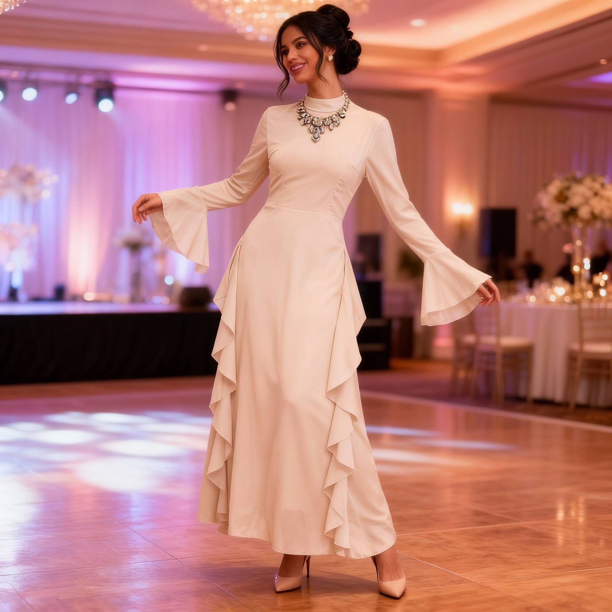 Solid Stand Collar Flare Sleeve Ruffle Full Dress - ZumBuys