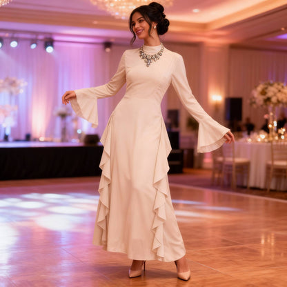 Solid Stand Collar Flare Sleeve Ruffle Full Dress - ZumBuys