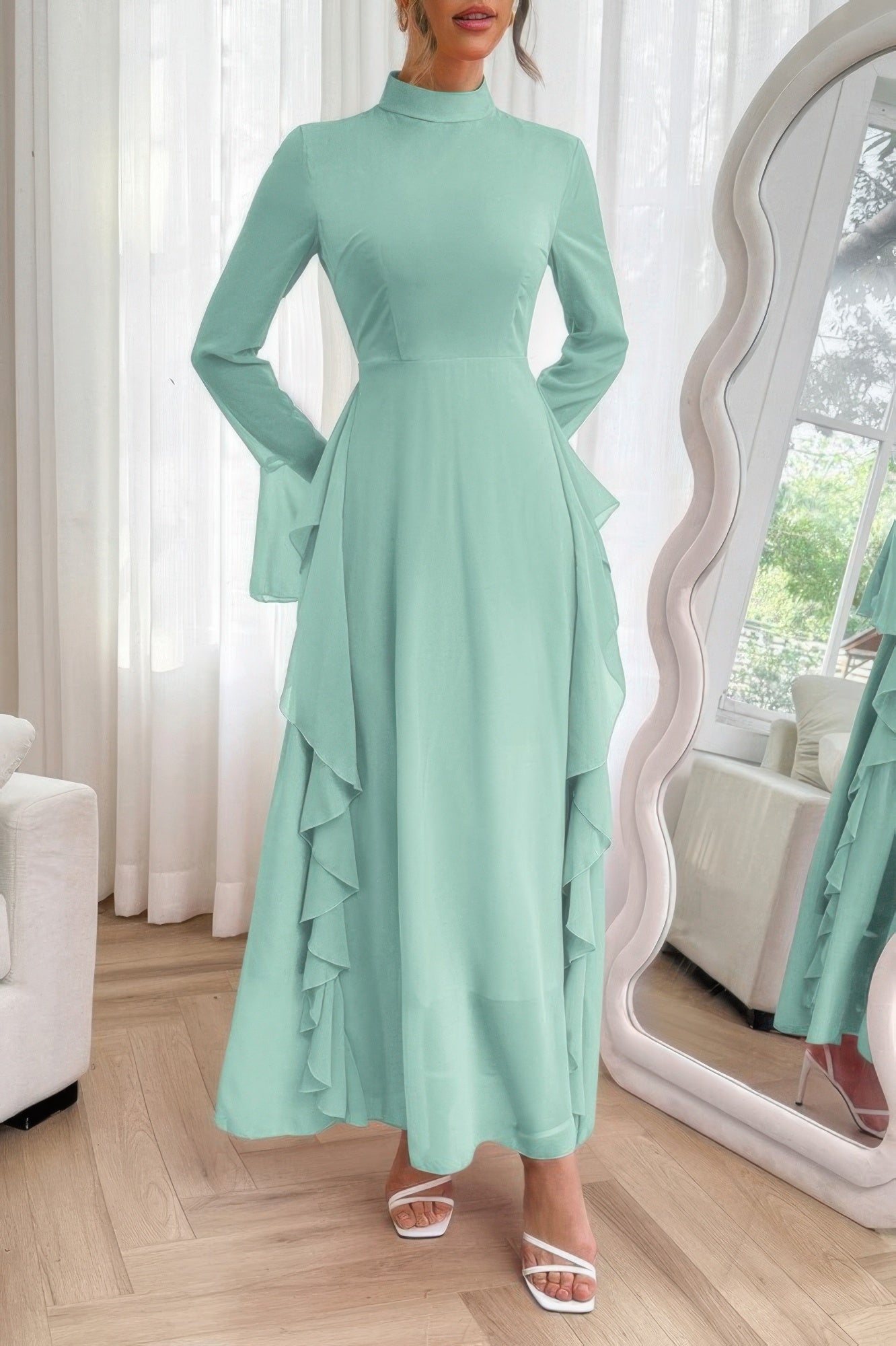 Solid Stand Collar Flare Sleeve Ruffle Full Dress - ZumBuys
