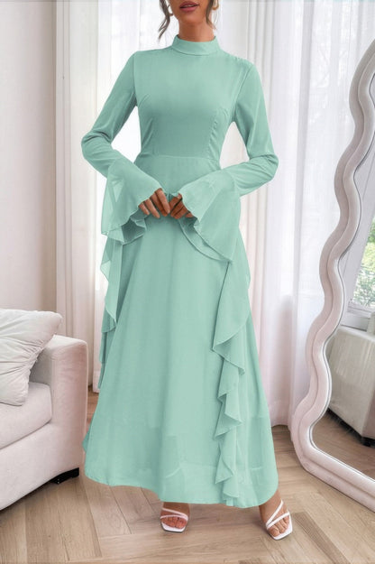 Solid Stand Collar Flare Sleeve Ruffle Full Dress - ZumBuys