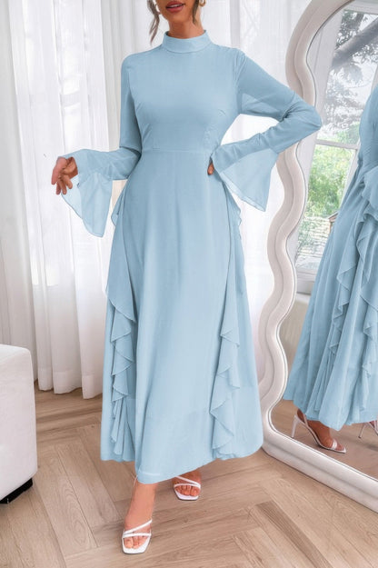 Solid Stand Collar Flare Sleeve Ruffle Full Dress - ZumBuys