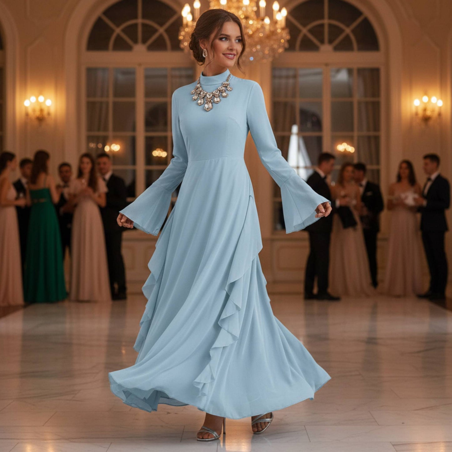 Solid Stand Collar Flare Sleeve Ruffle Full Dress - ZumBuys