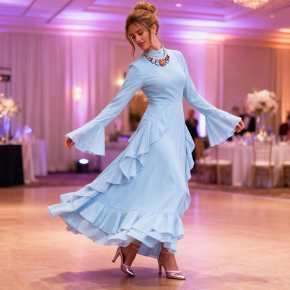 Solid Stand Collar Flare Sleeve Ruffle Full Dress - ZumBuys