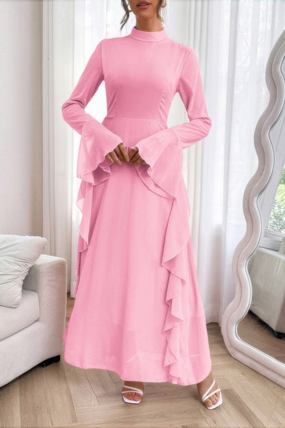 Solid Stand Collar Flare Sleeve Ruffle Full Dress - ZumBuys