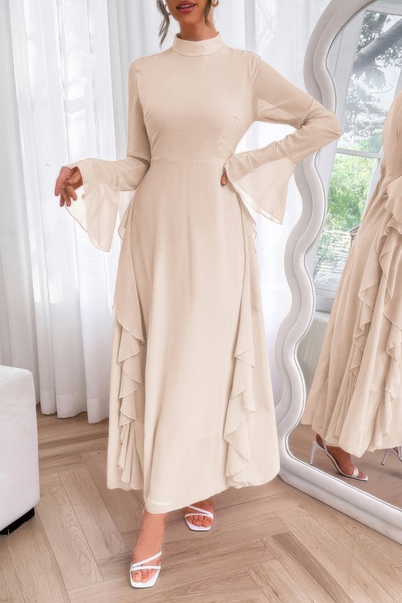 Solid Stand Collar Flare Sleeve Ruffle Full Dress - ZumBuys