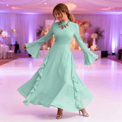 Solid Stand Collar Flare Sleeve Ruffle Full Dress - ZumBuys