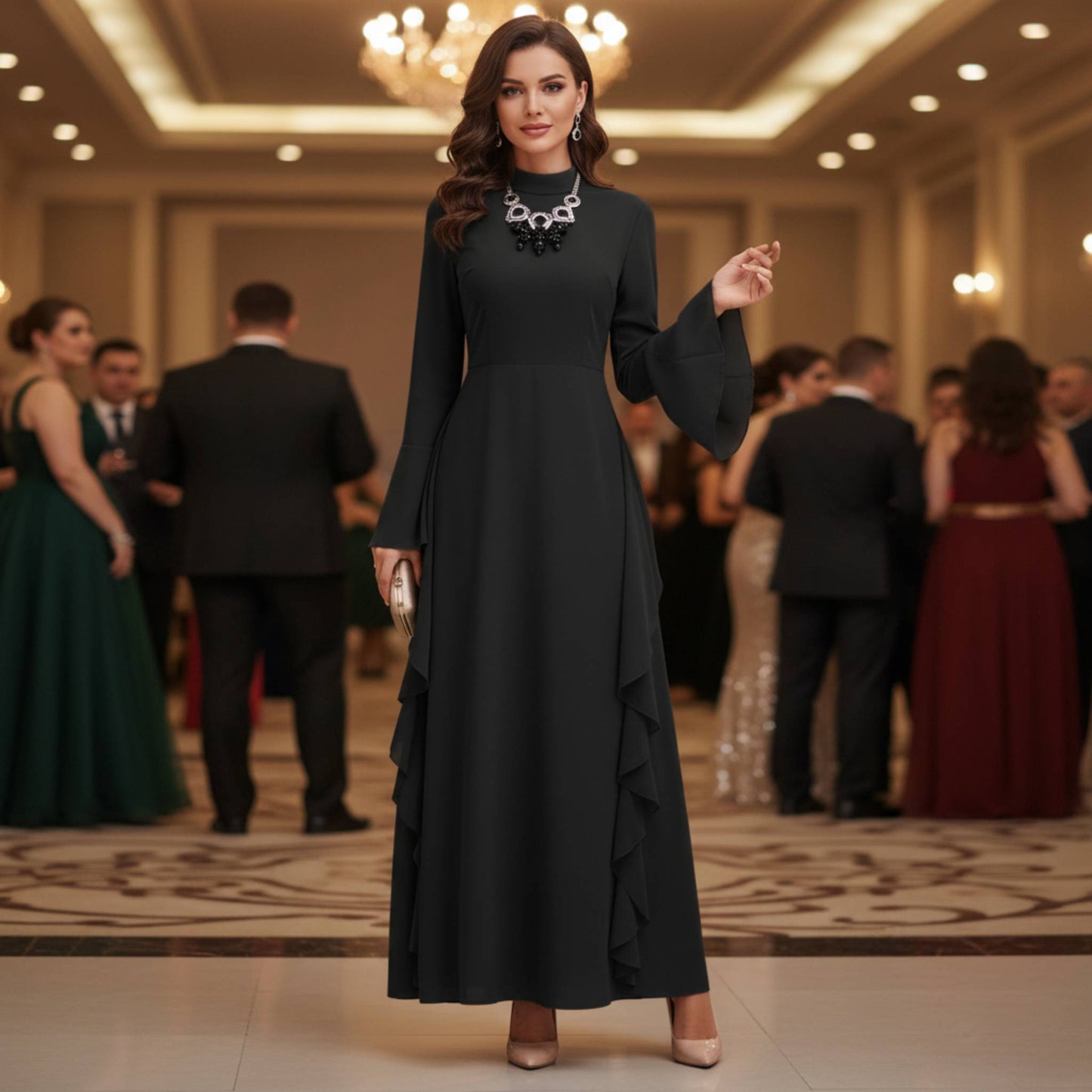 Solid Stand Collar Flare Sleeve Ruffle Full Dress - ZumBuys