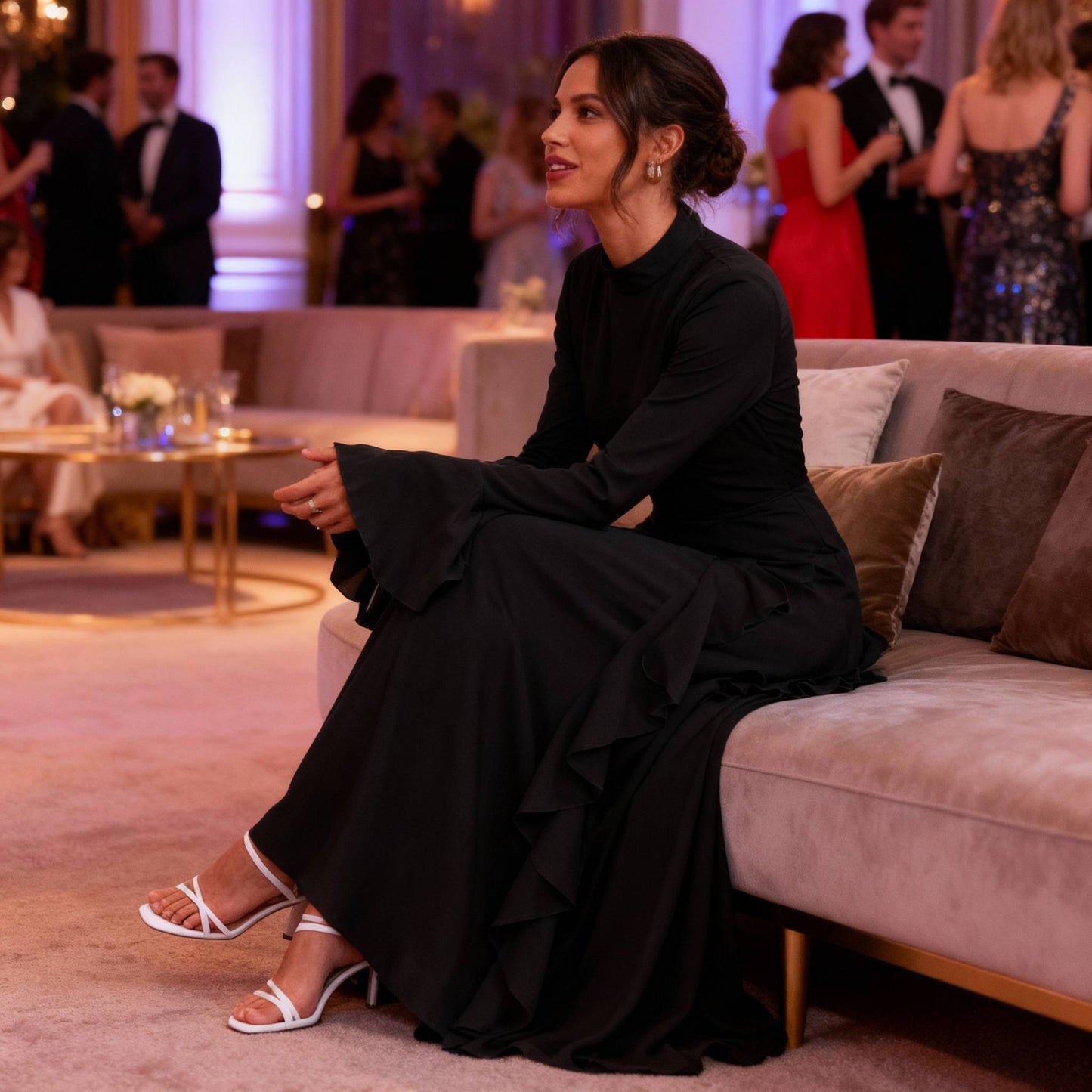 Solid Stand Collar Flare Sleeve Ruffle Full Dress - ZumBuys