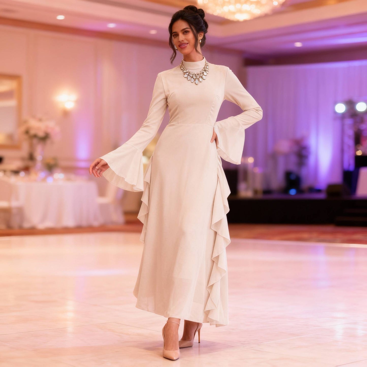 Solid Stand Collar Flare Sleeve Ruffle Full Dress - ZumBuys