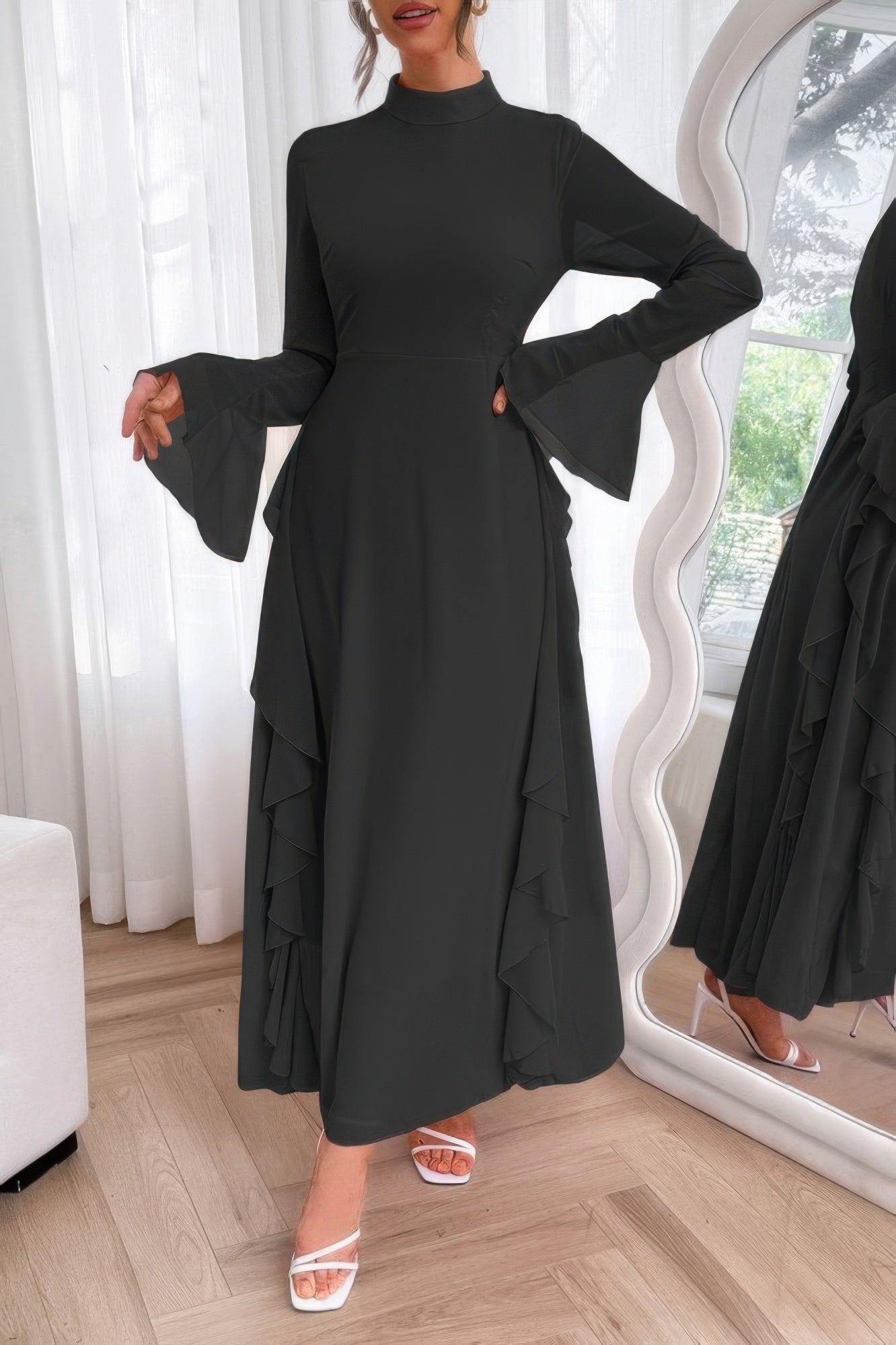 Solid Stand Collar Flare Sleeve Ruffle Full Dress - ZumBuys
