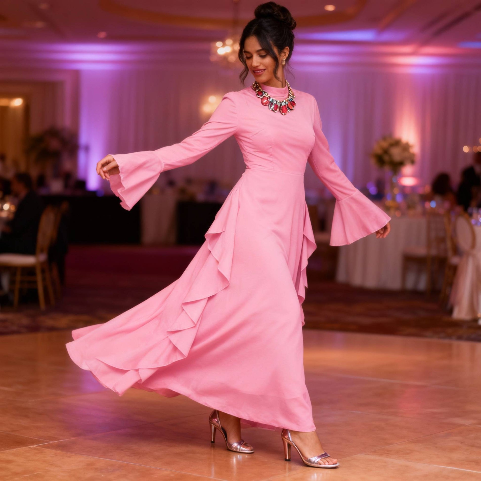 Solid Stand Collar Flare Sleeve Ruffle Full Dress - ZumBuys