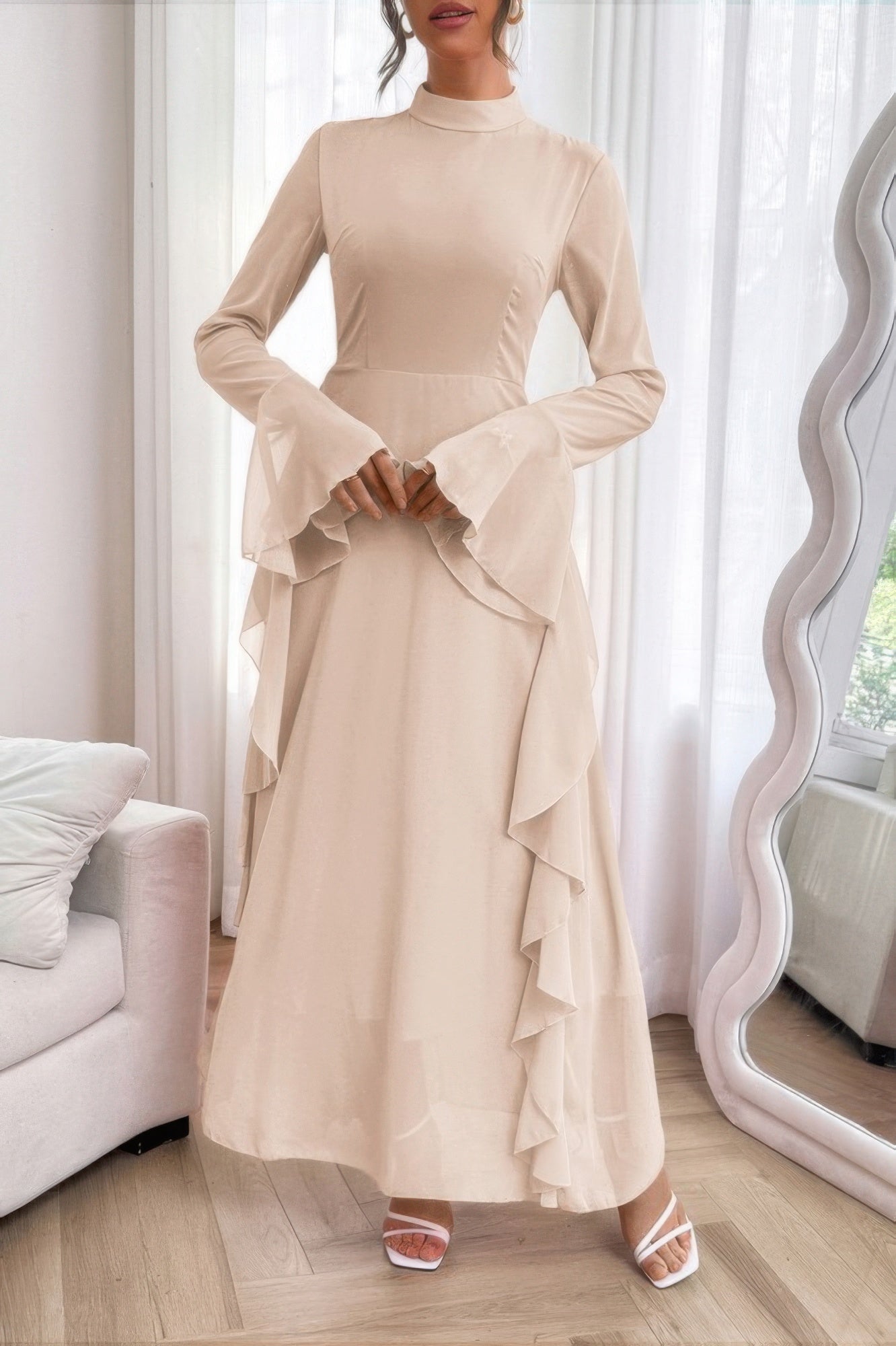 Solid Stand Collar Flare Sleeve Ruffle Full Dress - ZumBuys