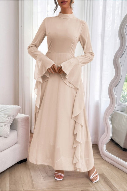 Solid Stand Collar Flare Sleeve Ruffle Full Dress - ZumBuys