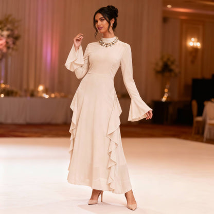 Solid Stand Collar Flare Sleeve Ruffle Full Dress - ZumBuys