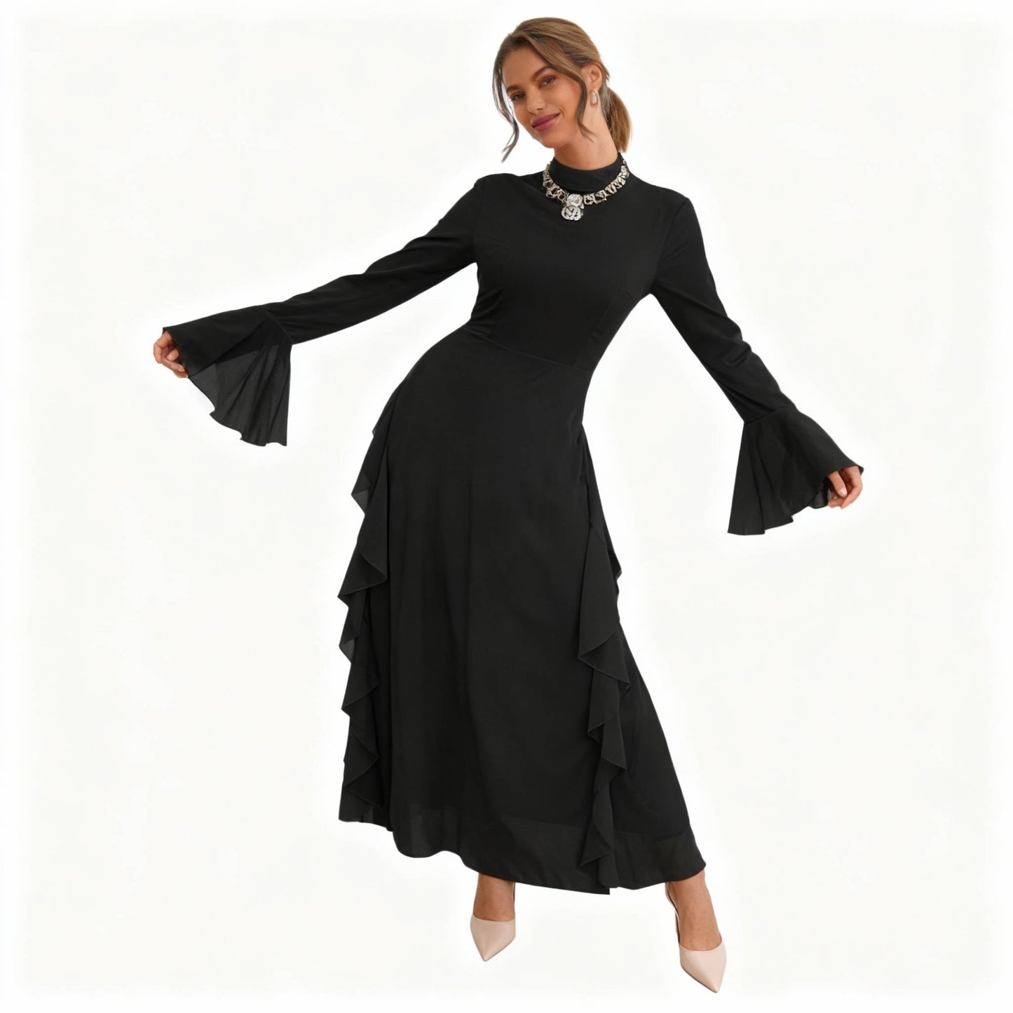 Solid Stand Collar Flare Sleeve Ruffle Full Dress - ZumBuys