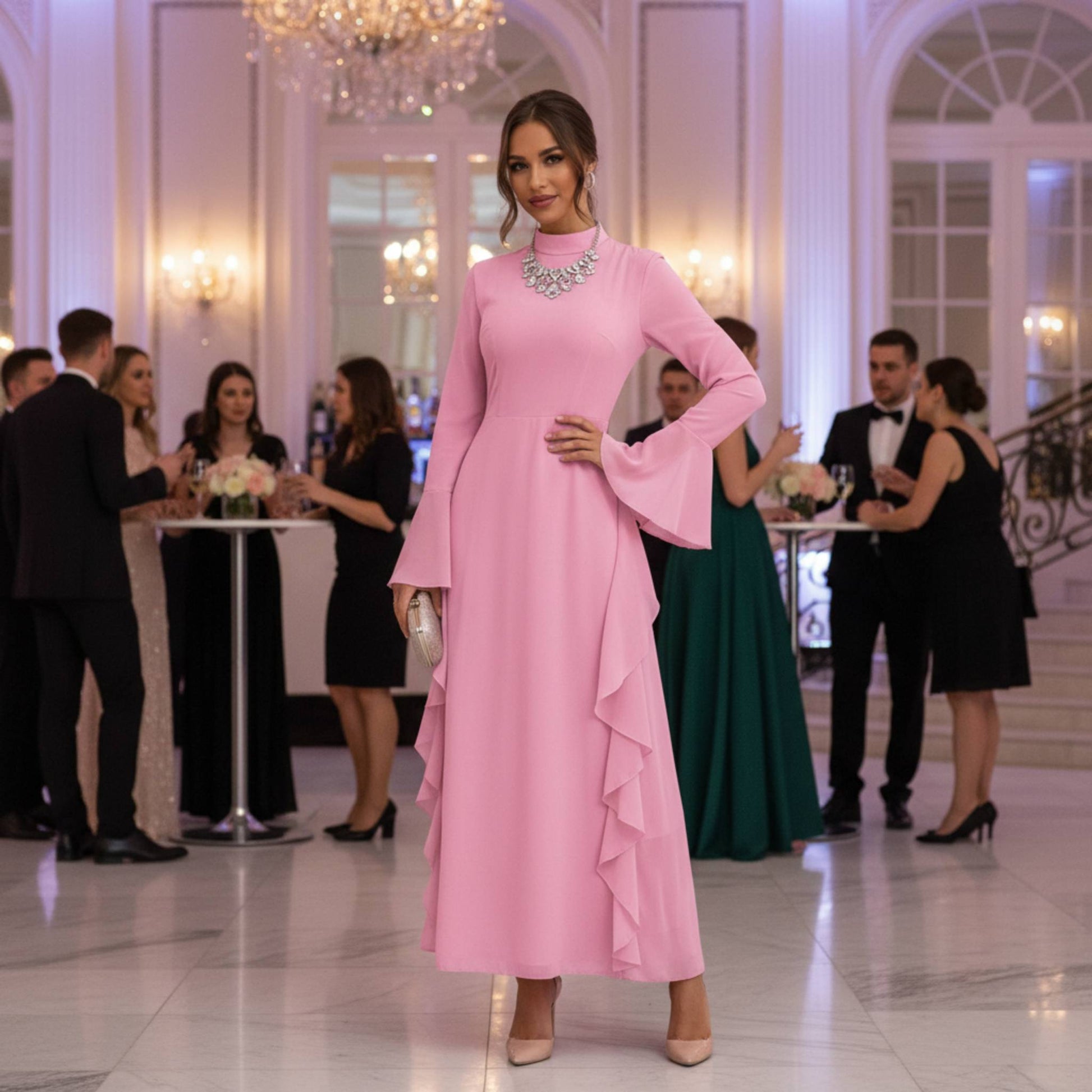 Solid Stand Collar Flare Sleeve Ruffle Full Dress - ZumBuys