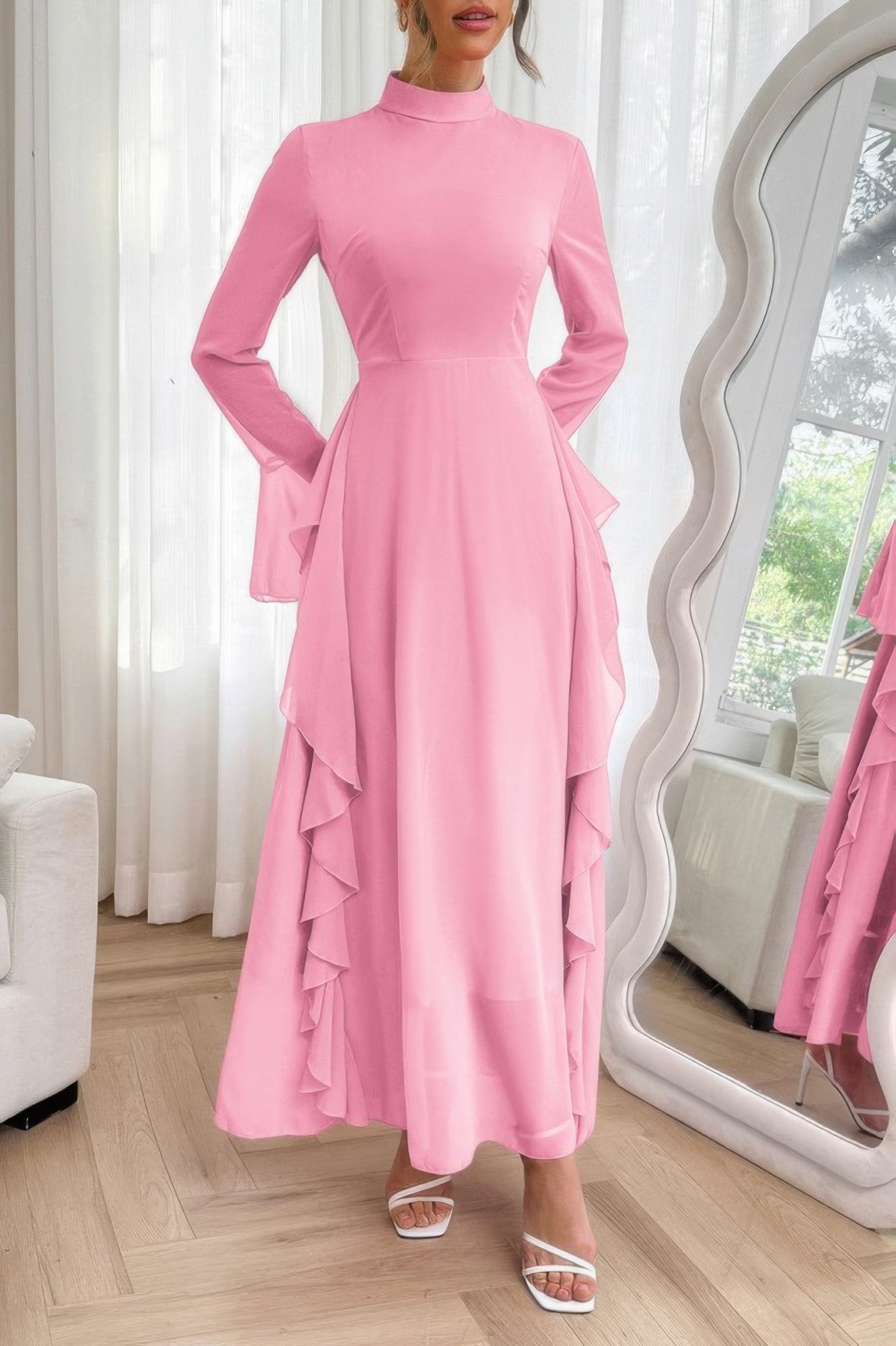Solid Stand Collar Flare Sleeve Ruffle Full Dress - ZumBuys