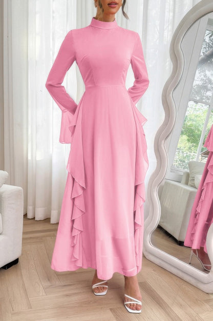 Solid Stand Collar Flare Sleeve Ruffle Full Dress - ZumBuys