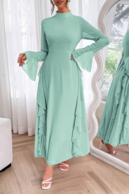 Solid Stand Collar Flare Sleeve Ruffle Full Dress - ZumBuys