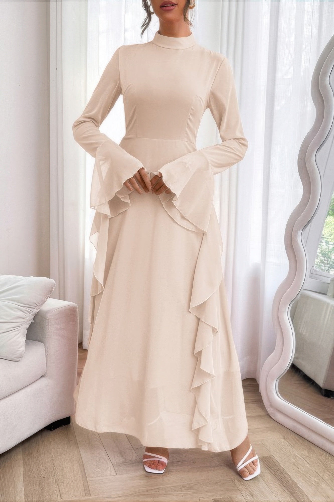 Solid Stand Collar Flare Sleeve Ruffle Full Dress - ZumBuys