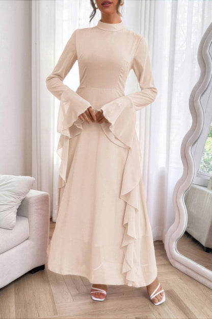Solid Stand Collar Flare Sleeve Ruffle Full Dress - ZumBuys