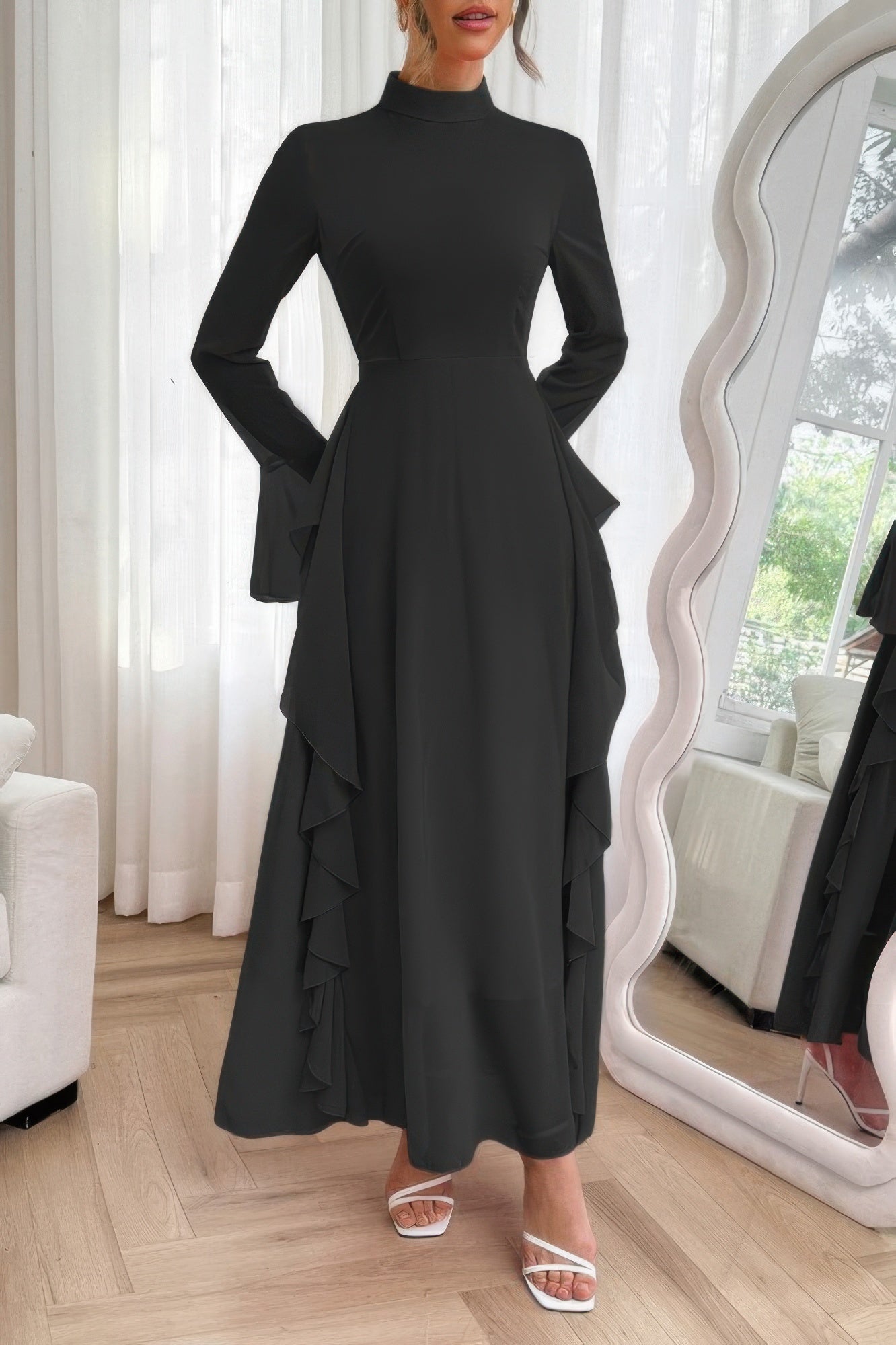 Solid Stand Collar Flare Sleeve Ruffle Full Dress - ZumBuys