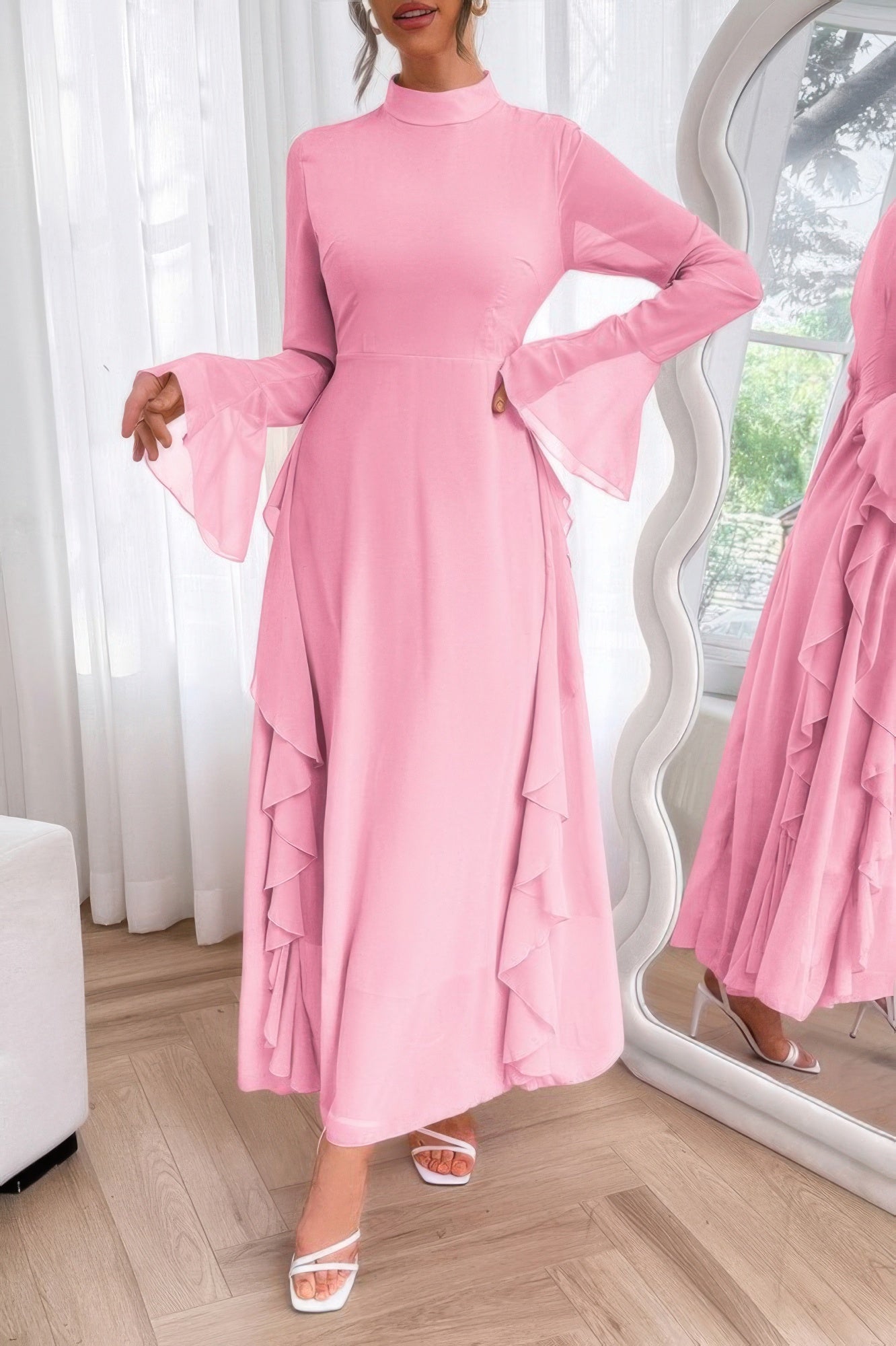Solid Stand Collar Flare Sleeve Ruffle Full Dress - ZumBuys