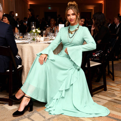 Solid Stand Collar Flare Sleeve Ruffle Full Dress - ZumBuys