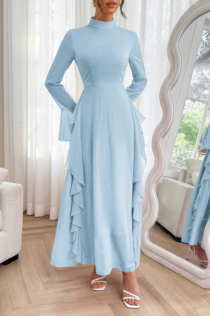 Solid Stand Collar Flare Sleeve Ruffle Full Dress - ZumBuys