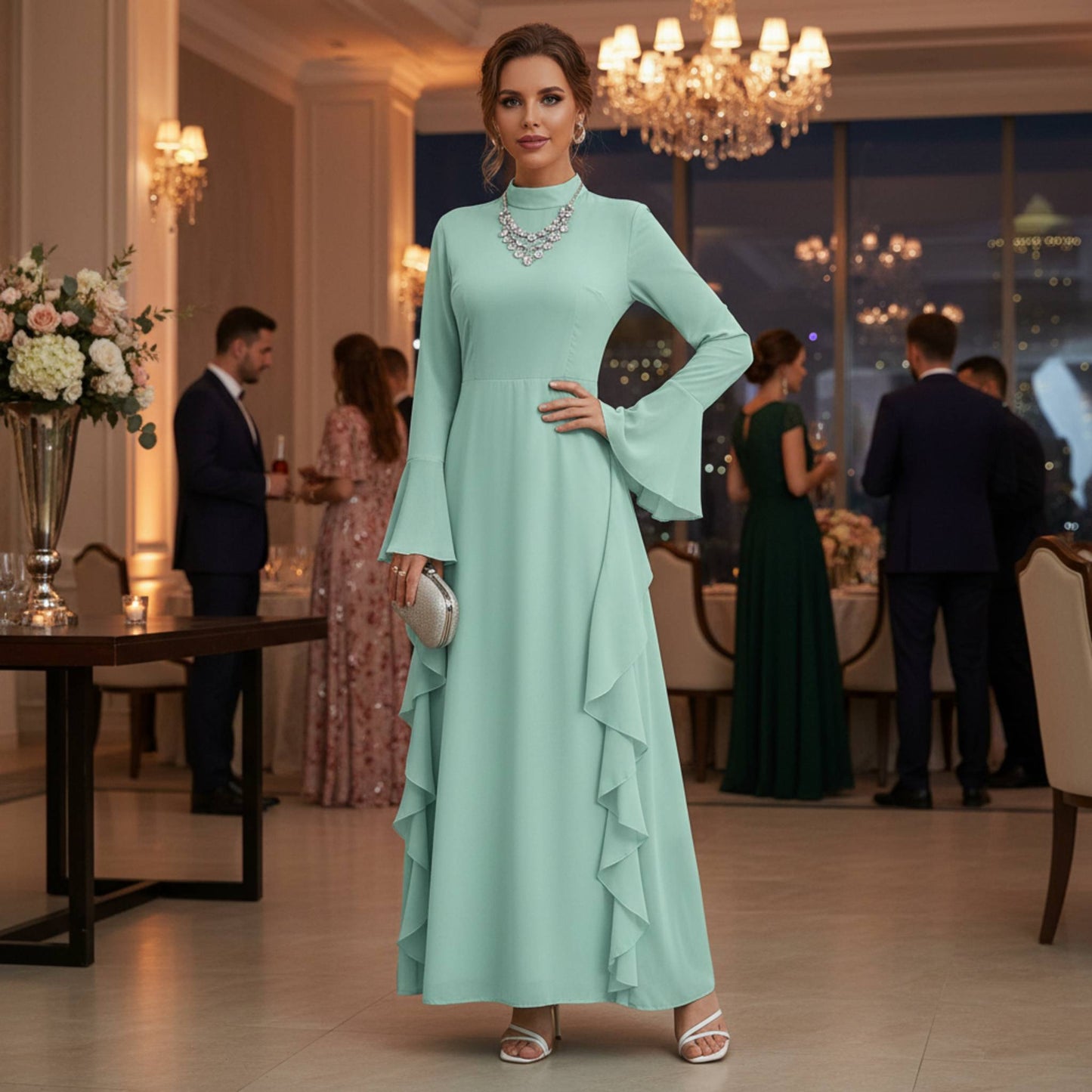 Solid Stand Collar Flare Sleeve Ruffle Full Dress - ZumBuys