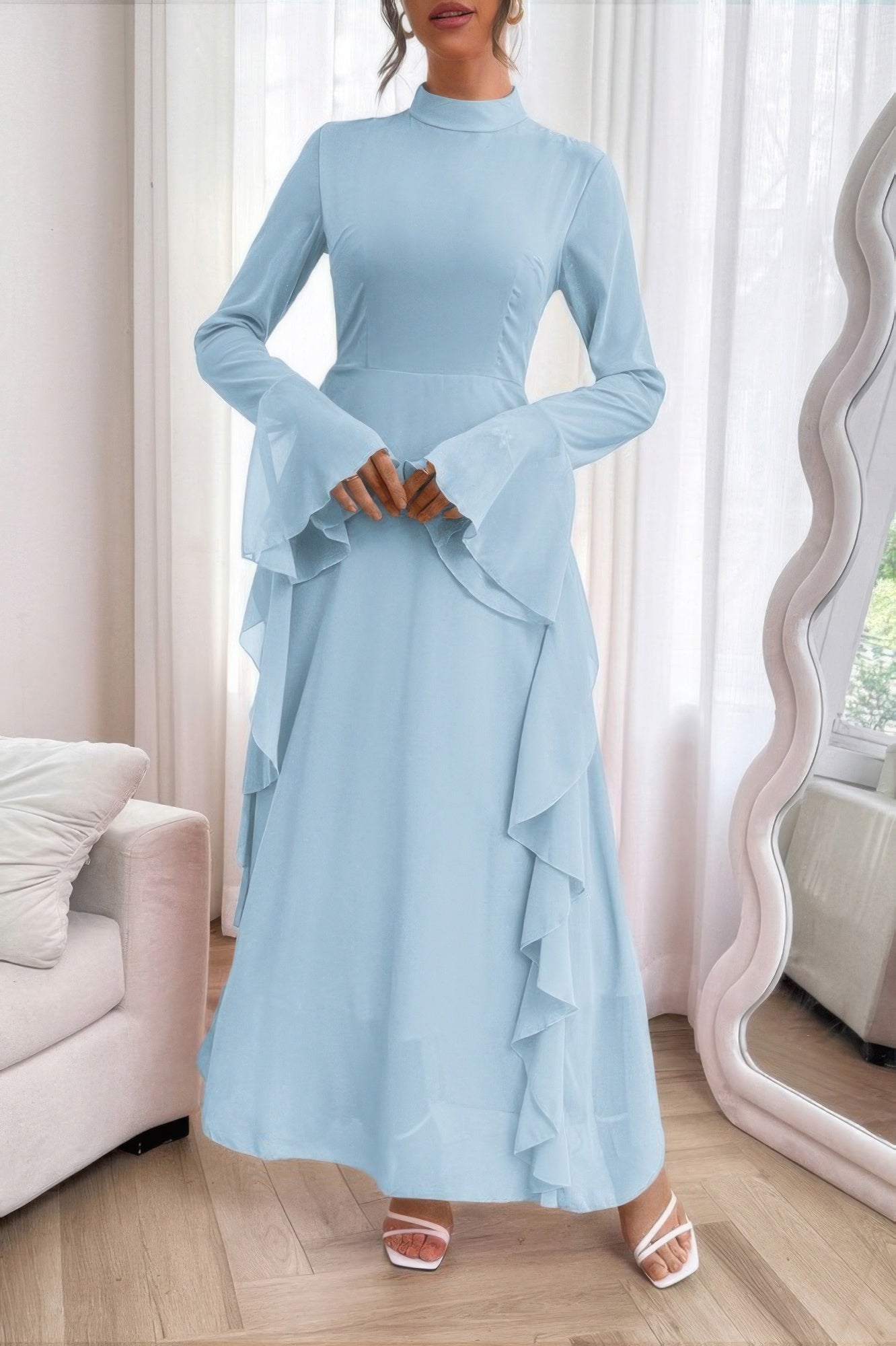 Solid Stand Collar Flare Sleeve Ruffle Full Dress - ZumBuys