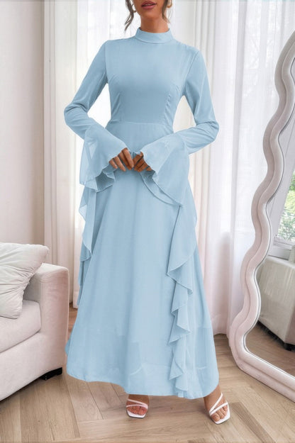 Solid Stand Collar Flare Sleeve Ruffle Full Dress - ZumBuys