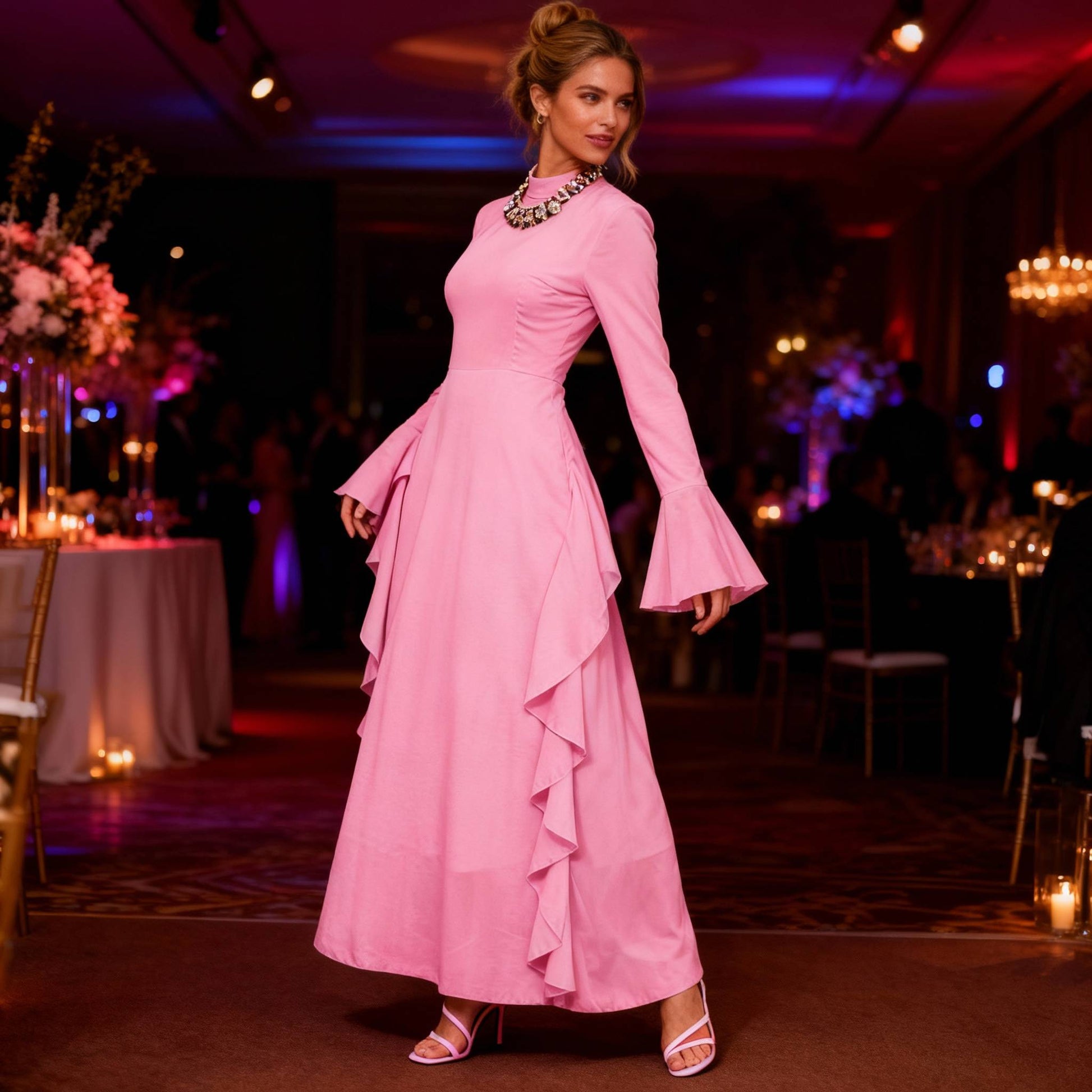 Solid Stand Collar Flare Sleeve Ruffle Full Dress - ZumBuys