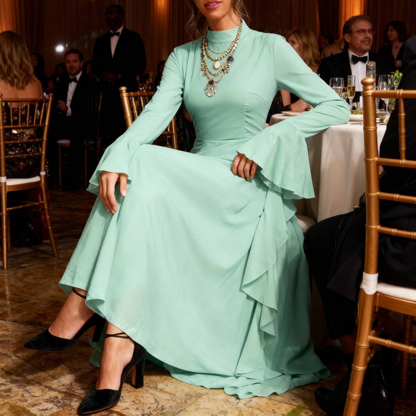 Solid Stand Collar Flare Sleeve Ruffle Full Dress - ZumBuys