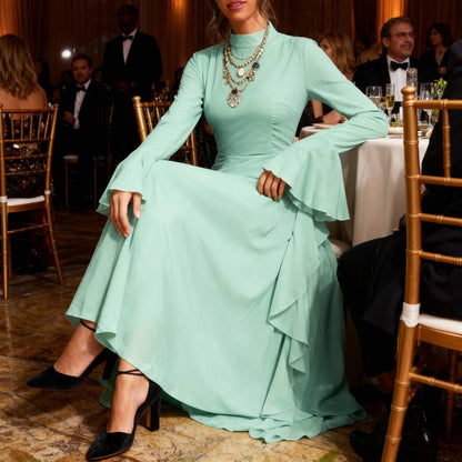 Solid Stand Collar Flare Sleeve Ruffle Full Dress - ZumBuys