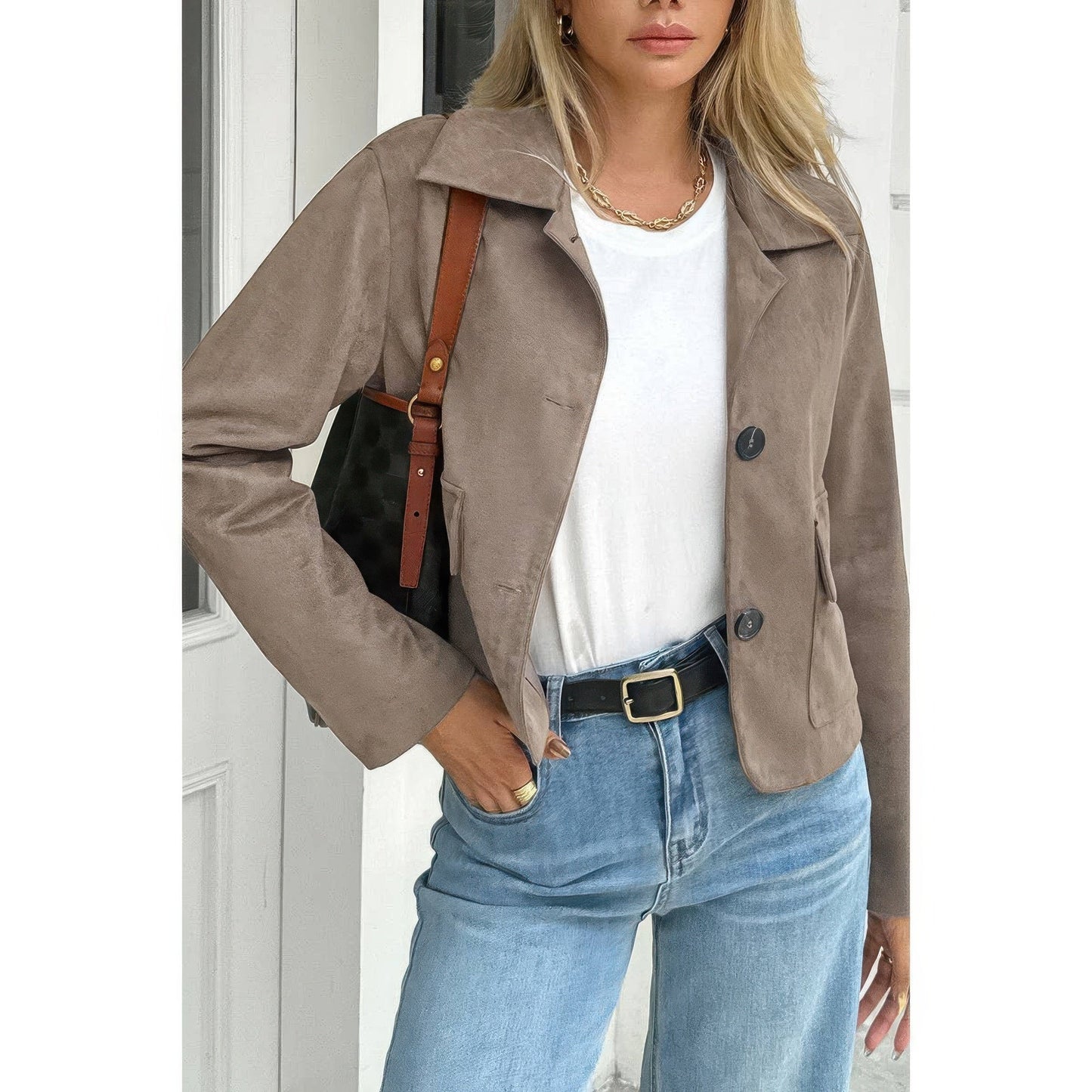 Solid Suit Lapel Faux Suede Leather Jacket - ZumBuys