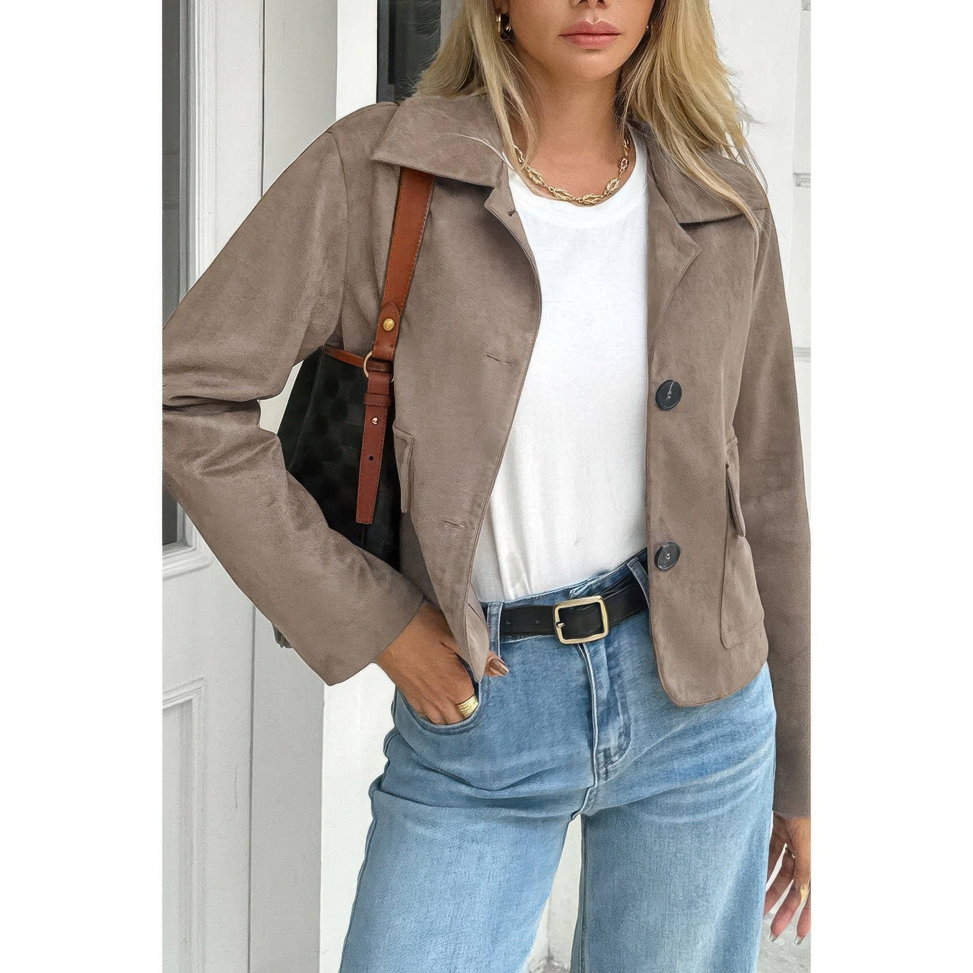 Solid Suit Lapel Faux Suede Leather Jacket - ZumBuys