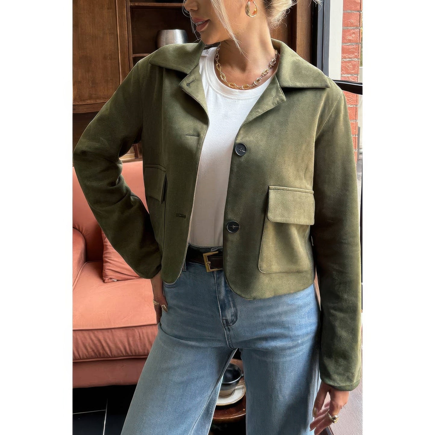 Solid Suit Lapel Faux Suede Leather Jacket - ZumBuys