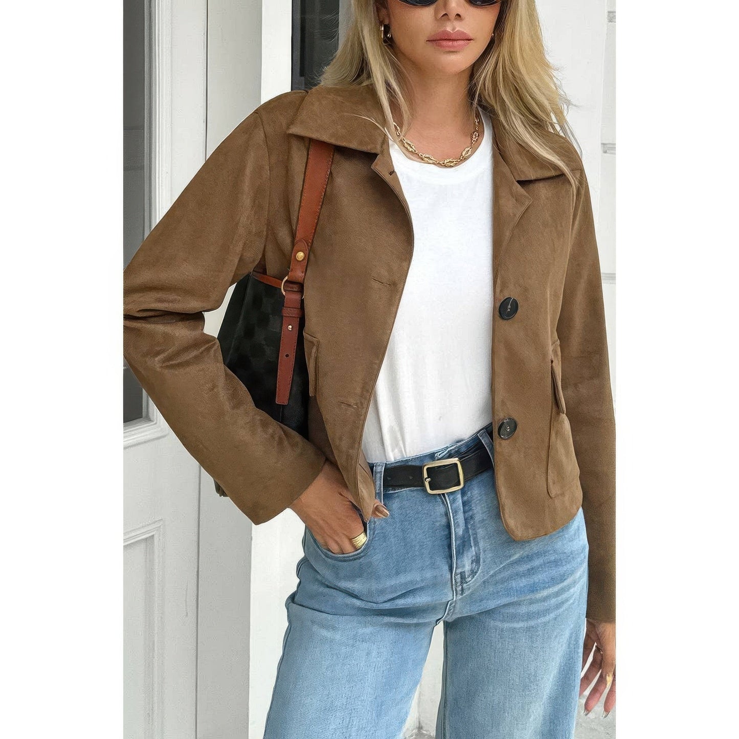 Solid Suit Lapel Faux Suede Leather Jacket - ZumBuys