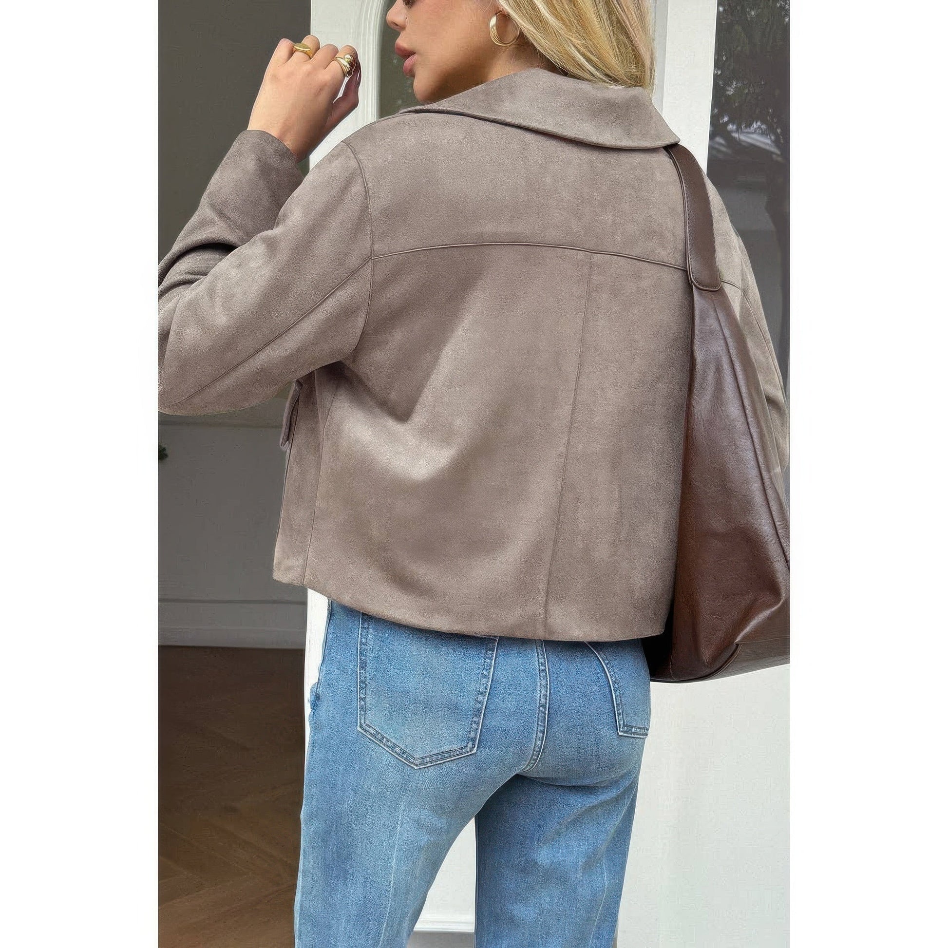 Solid Suit Lapel Faux Suede Leather Jacket - ZumBuys