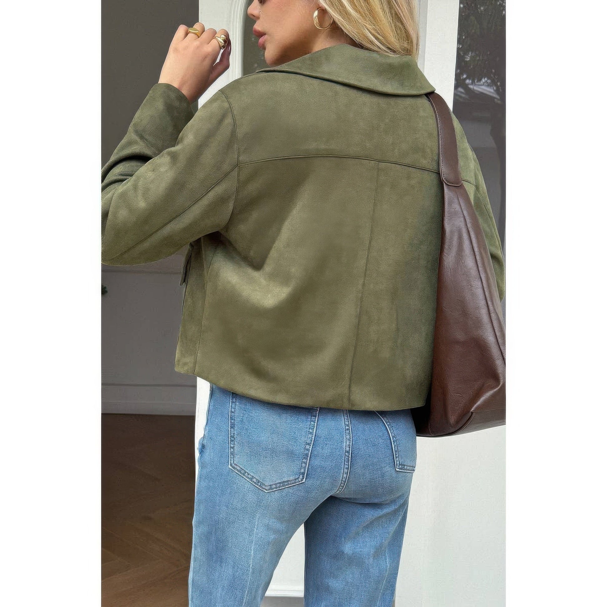 Solid Suit Lapel Faux Suede Leather Jacket - ZumBuys