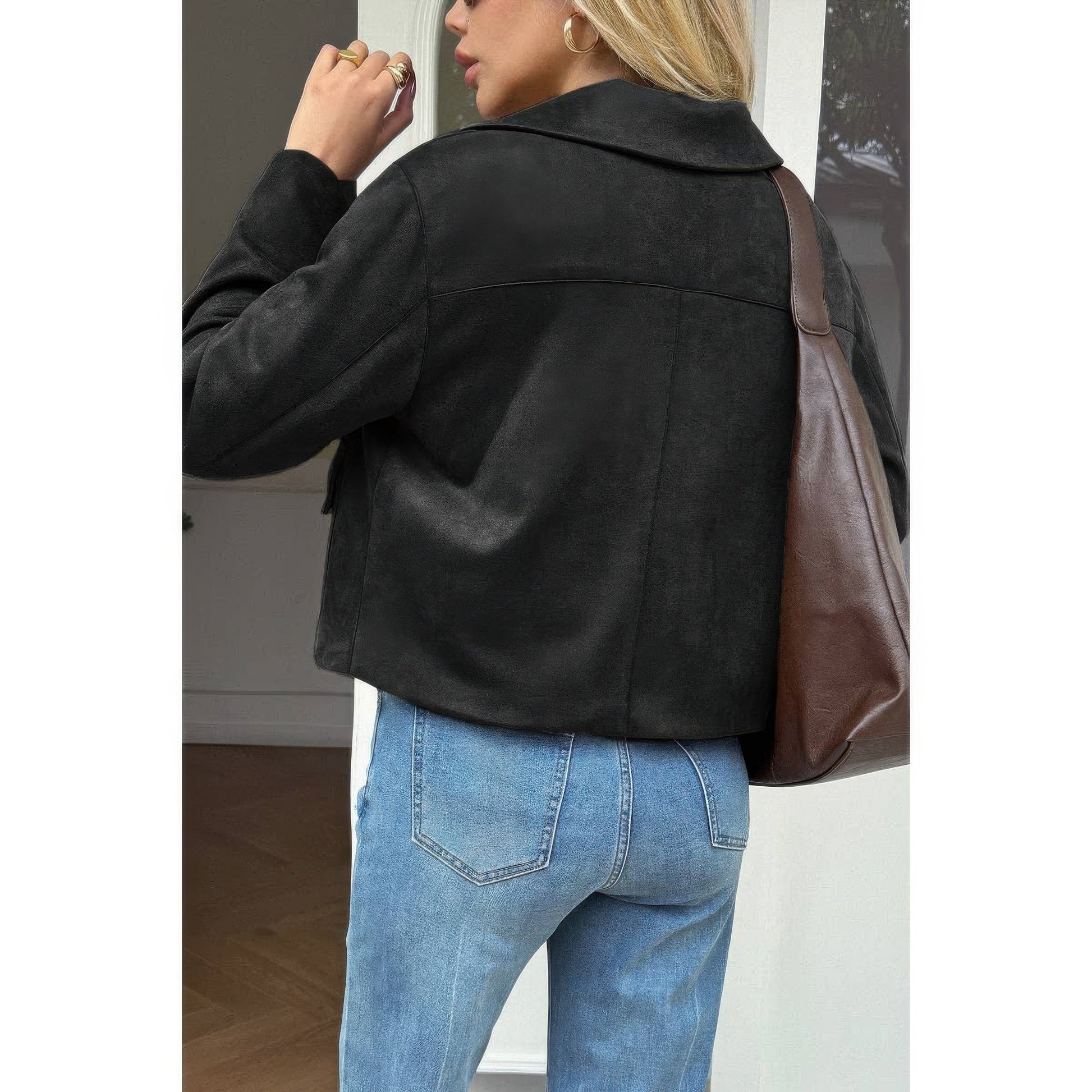 Solid Suit Lapel Faux Suede Leather Jacket - ZumBuys