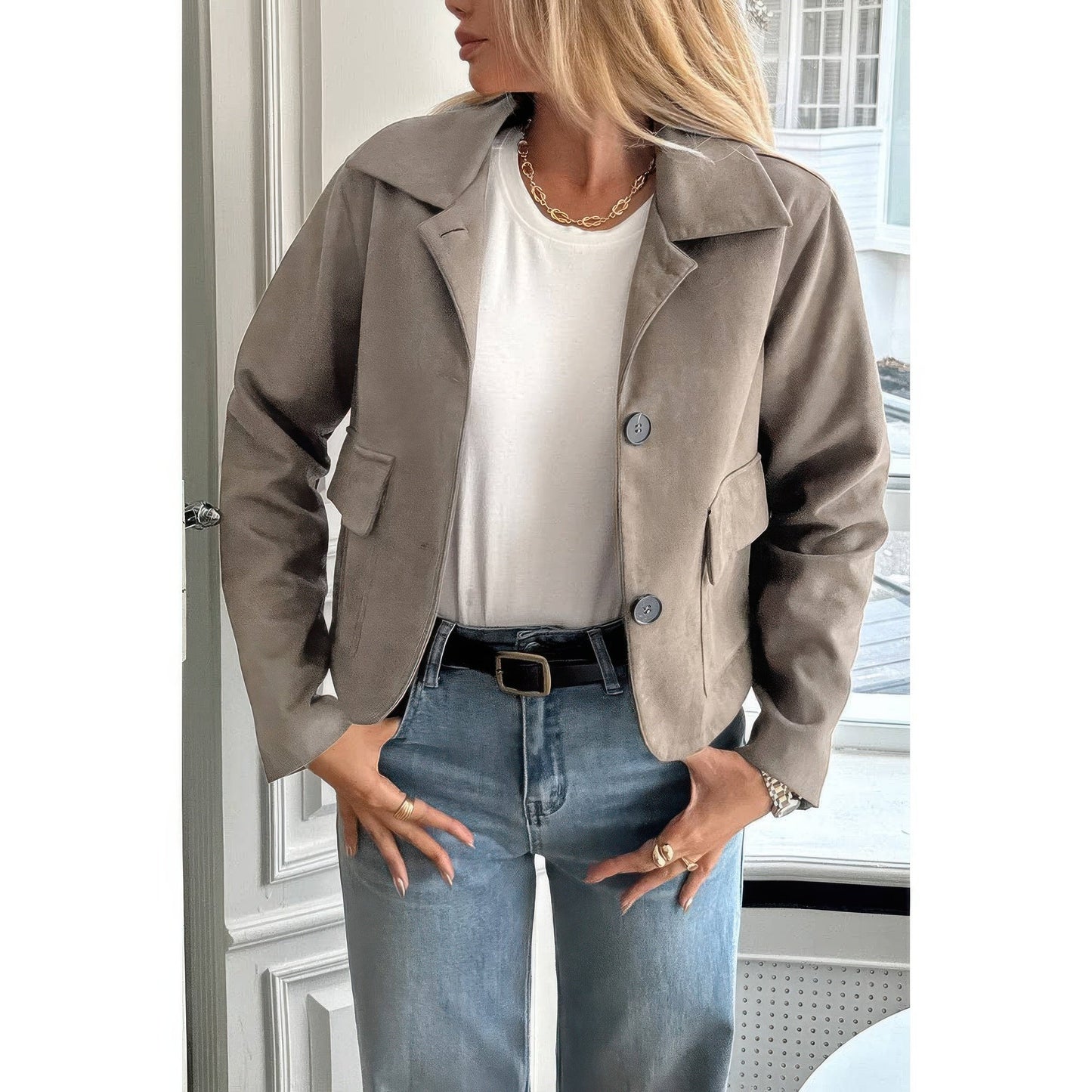 Solid Suit Lapel Faux Suede Leather Jacket - ZumBuys