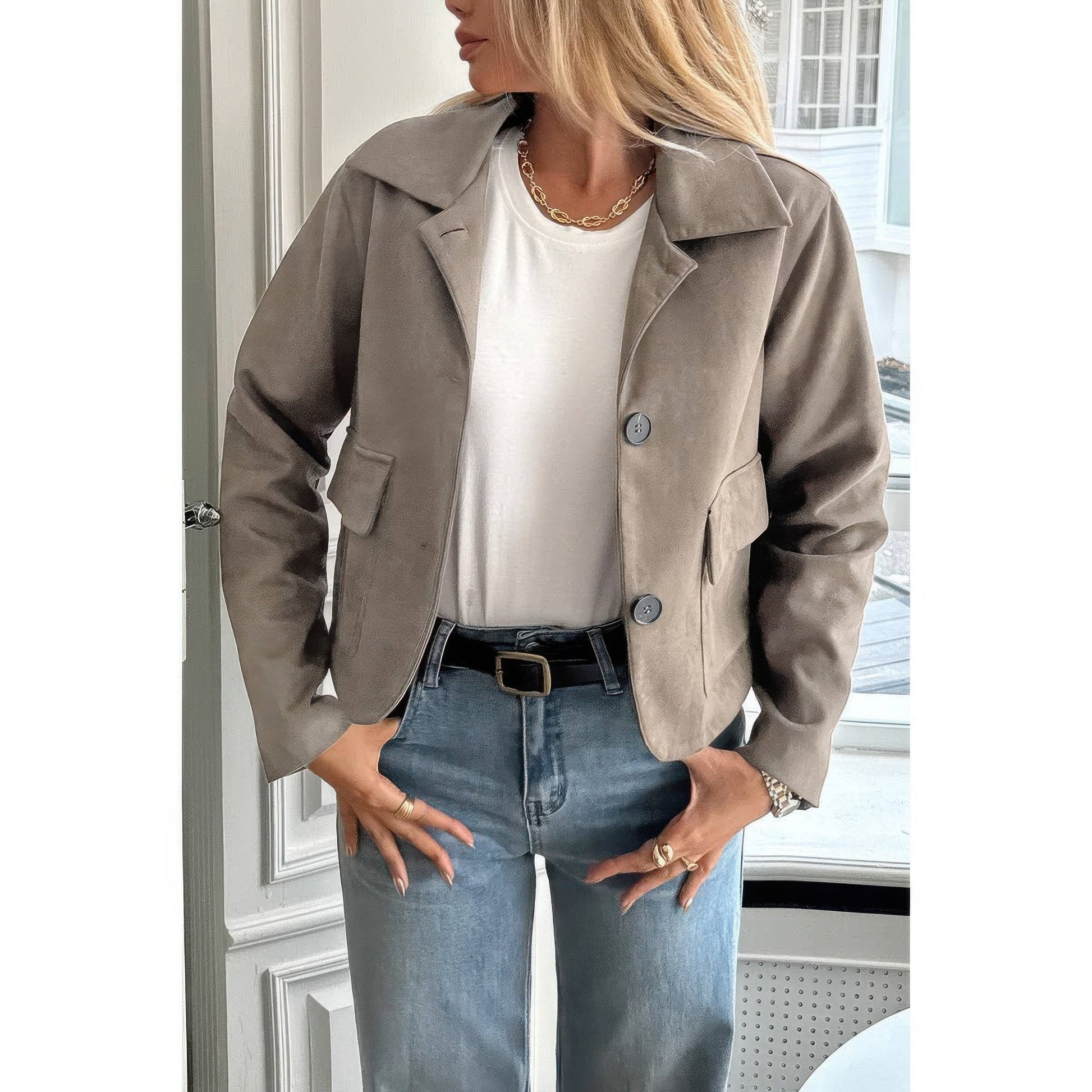 Solid Suit Lapel Faux Suede Leather Jacket - ZumBuys