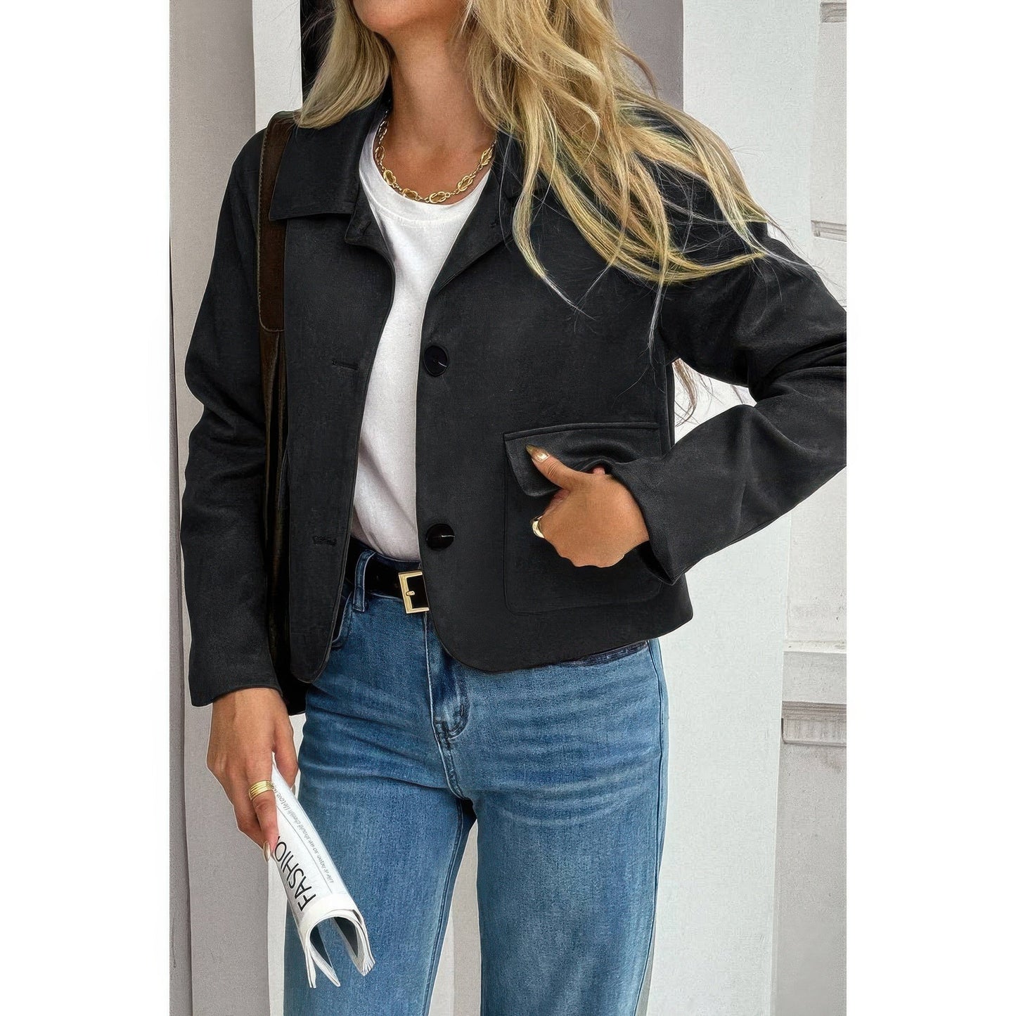 Solid Suit Lapel Faux Suede Leather Jacket - ZumBuys