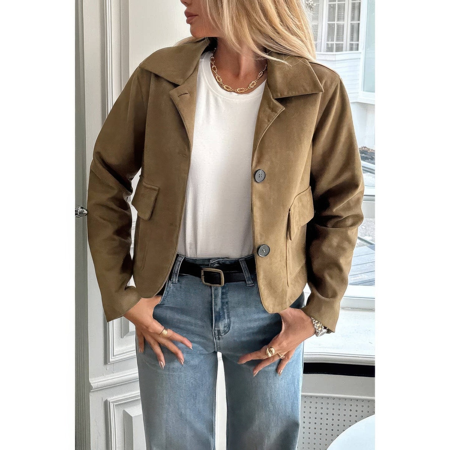 Solid Suit Lapel Faux Suede Leather Jacket - ZumBuys